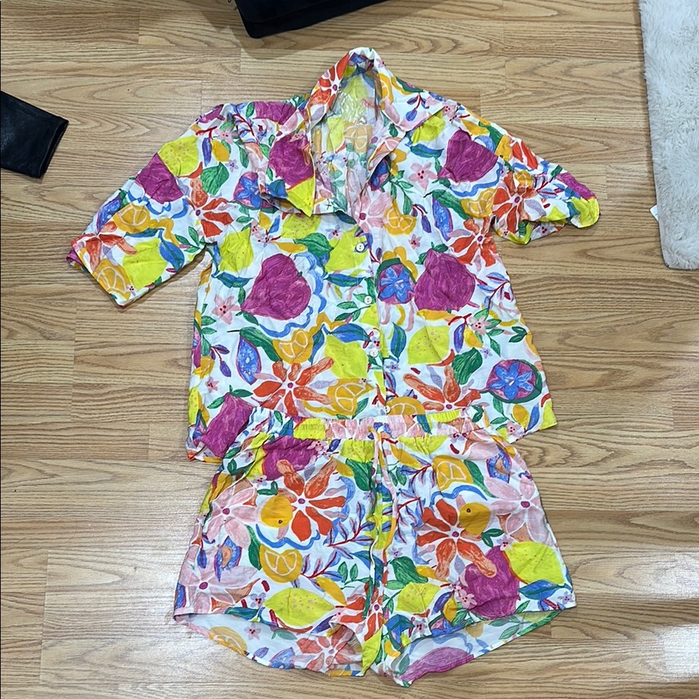 ILLA ILLA Colorful Floral Button-Up Top and short set